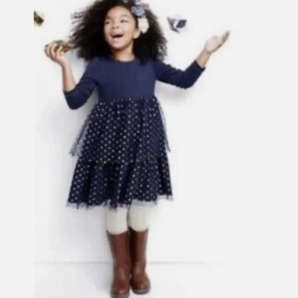 Hanna Andersson 120 US 12 Navy Gold Dotted Tulle Tiered Dress